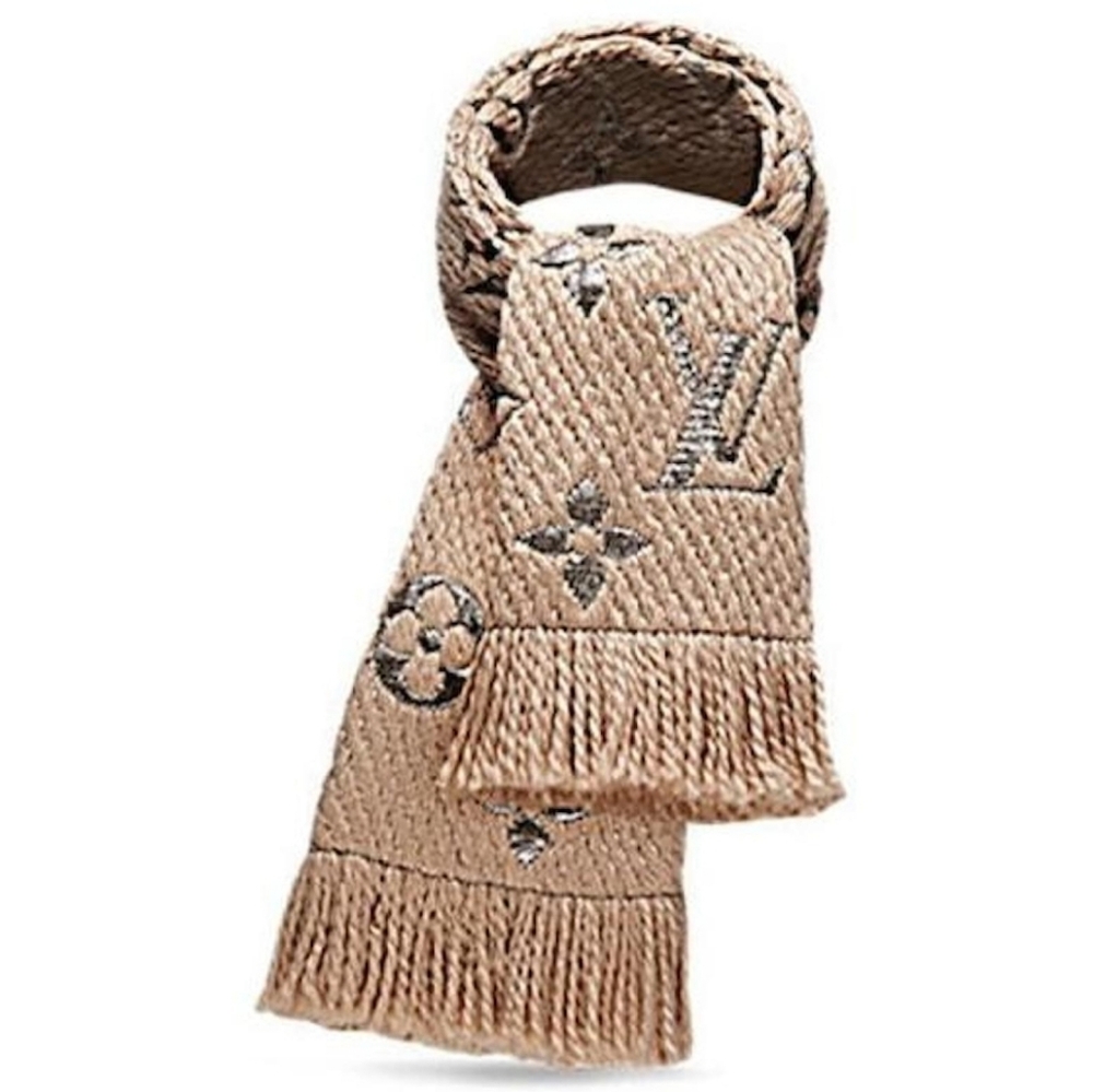 LOUIS VUITTON LV Beige Neutral Logomania Shine Monogram Scarf Tan Grey Wool Silk - Picture 3 of 16